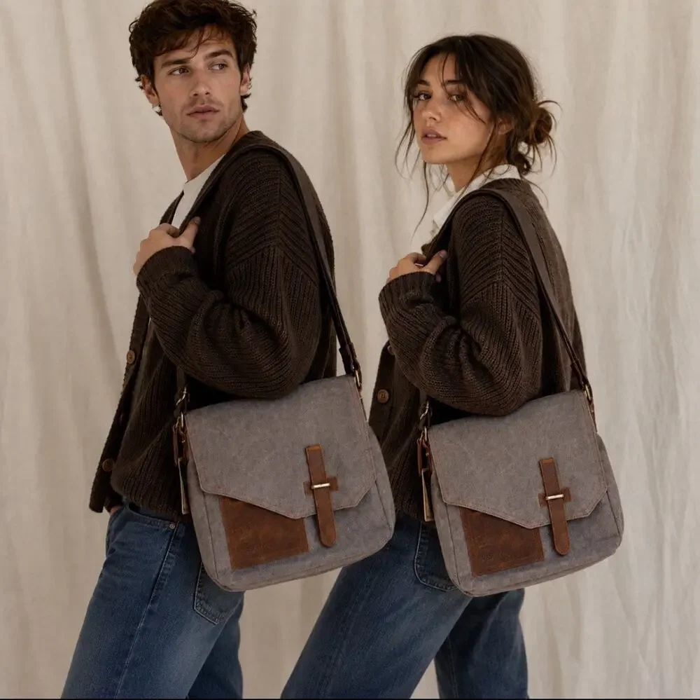 NWT VASCHY Canvas Leather Messenger Bag Gray Vintage Crossbody